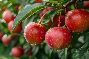Ripe Red Apples with Dew in Lush Orchard for Nature Photography and Agriculture Design