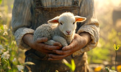 Obraz premium Farmer holding a newborn lamb, showcasing the caring side of animal husbandry, 3D illustration