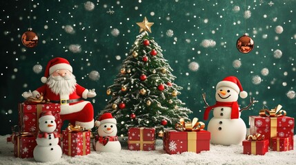 Christmas tree and santa Claus and snowman and gifts flat design front view North Pole theme 3D render