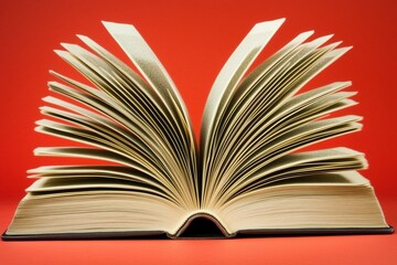 Vintage book with opened pages isolated on red background. Knowledge and learning concept