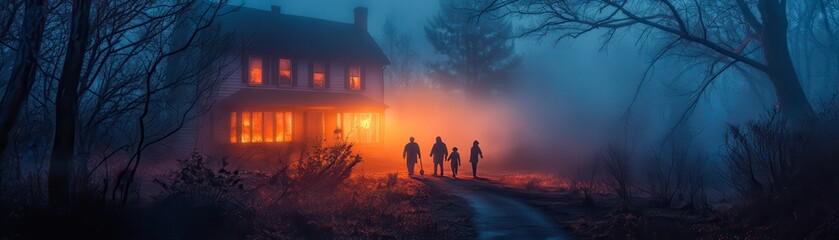 A mysterious scene captures silhouettes of a family walking towards a glowing house in a foggy environment, ideal for themes of suspense, horror