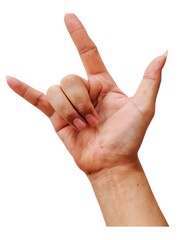 Heavy metal or I Love You hand gesture sign. The thumb, index finger and little finger of the right...
