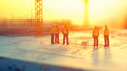 Miniature construction workers survey plans at sunset, illustrating teamwork and engineering on a project site.