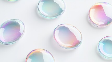Closeup of iridescent soap bubbles floating on a white background