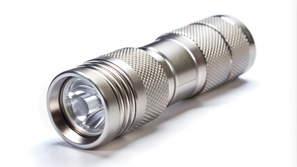 Small LED flashlight with a metal body on a white background.