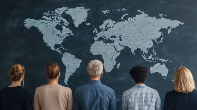 Diverse and Multinational Business Group Collaborating on Strategic Planning for Global Reach and Expansion on a Digital Interactive Board