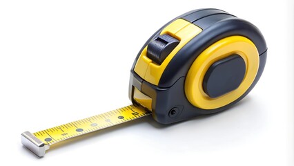 Retractable measuring tape with a yellow and black design on a white background.