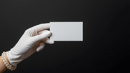 Feminine Hand with Glamorous White Gloves Holding Visiting Card | Elegant Presentation, Professional Networking, Luxury Fashion, Business Card Close-Up