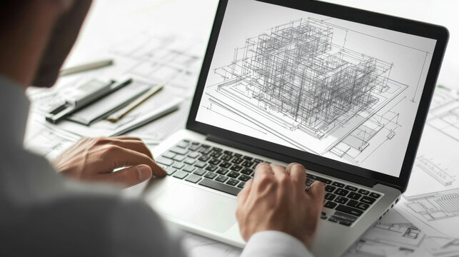 A person is working on a laptop displaying a complex digital design, surrounded by architectural plans and drawing tools.