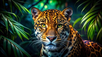 Fototapeta premium A jaguar's emerald eyes gleam in the moonlit jungle.