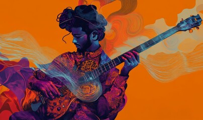 Man playing guitar with vibrant colors.