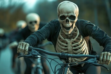 A group of skeletons riding bicycles in a dynamic outdoor setting, perfect for Halloween-themed promotions, creative projects, or graphic design, The image conveys a fun, spooky vibe,