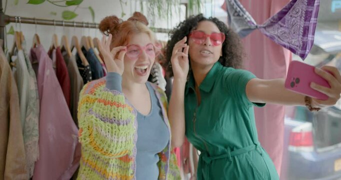 Female Friends Taking Selfie, Shopping Store, Trying Sunglasses