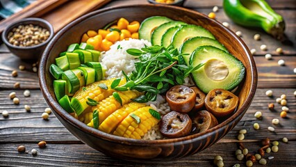 Asian Buddha bowl, vibrant & flavorful, captured in long exposure.