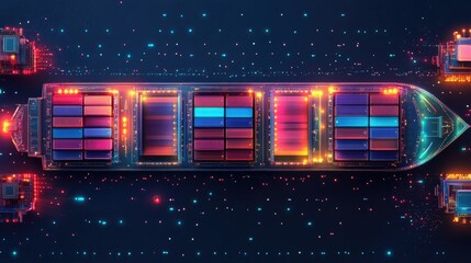 Container ships by digital and technological symbols business icons, cargo handling efficiency