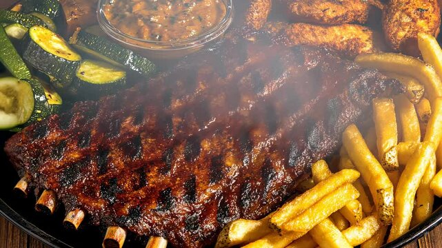 Steaming Hot Ribs with Fries and Zucchini, barbecue, grilled, smoke, delicious, food