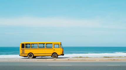 A yellow school bus is parked on the side of a road near the ocean