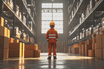 A 3D character representing a faceless worker in safety gear stands in a warehouse, surrounded by stacks of boxes, conveying a modern industrial atmosphere.