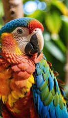 Fototapeta premium A closeup of a colorful macaw parrot in Miami Florida. A closeup of a colorful macaw parrot, blurry background