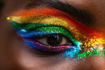 An eye of beautiful black party girl with night bright rainbow glowing shiny neon make-up.