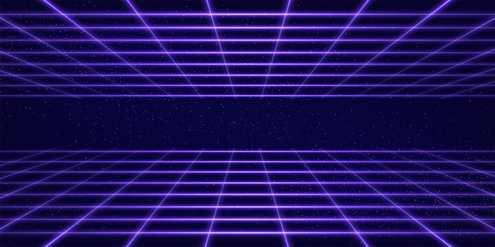 Neon blue grid background. Digital game pattern. Wireframe perspective backdrop. Abstract techno futuristic vector illustration.