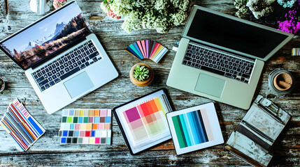 Flat lay of a workspace with laptops, color palettes, and flowers.
