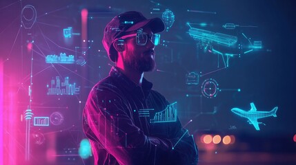 Logistics coordinator, surrounded by digital and technological symbols icons, cargo handling efficiency