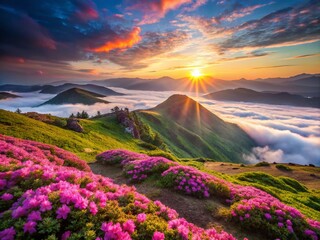 Obraz premium Breathtaking Highland Sunset, Misty Morning Rhododendrons, Wild Nature Postcard