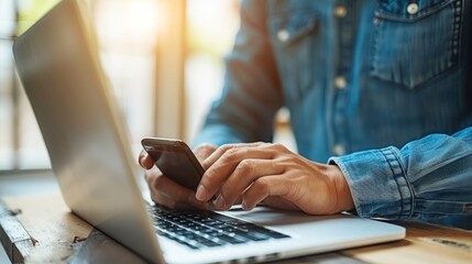 Businessman creating marketing infographics on laptop while managing calls with smartphone