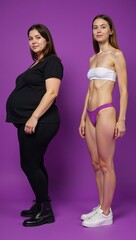 A comparison of an obese females silhouette to a lean athletic figure in different clothing styles pantsbra vs