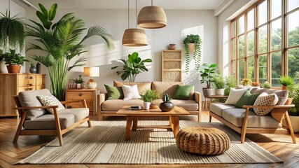A stylish, sustainable living room with natural materials, indoor plants, a woven hemp rug, and wooden furniture sourced from recycled materials