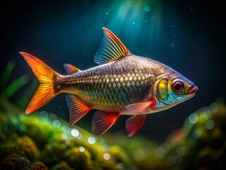 Fototapeta premium Captivating underwater portrait of a Sicklefin Barb, illuminated by the night's glow.