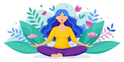 Vector illustration of a woman with long blue hair sits crosslegged in a meditative pose surrounded by green leaves and pink flowers.