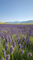 Naklejka premium Lavender field with mountain background.