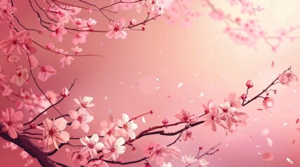 Beautiful Pink Cherry Blossom Tree Branches in Full Bloom Against Soft Spring Sky