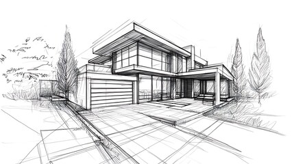 House design sketch, showing construction ideas. Architectural vision.