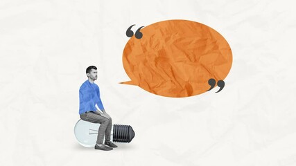 Motion collage video of sad man sit bright led light bulb power idea finding bubble talk exhaustion speech 