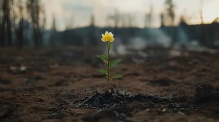 Single Flower Sprouting After Forest Fire | Nature’s Resilience, Regrowth, Environmental Recovery, New Life, Hope After Destruction