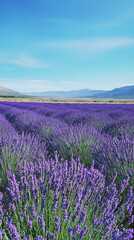Vibrant purple lavender field under a clear blue sky with rolling hills in the distance.