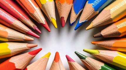 A circle of colored pencils with white space in the middle, a variety of color shades.