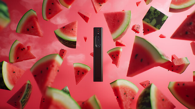 fruit-flavored vape promotion, advertise a watermelon vape tube with floating juul in a vermilion pink background circled by whole watermelons and slices vaping fruitflavors
