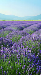 Naklejka premium A field of vibrant lavender flowers in bloom, stretching towards the distant mountains under a clear blue sky.