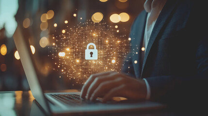 A businessman in a suit focused on his laptop with a digital security concept overlay, emphasizing the relevance of cybersecurity in today's business environment.