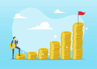 Businessman carrying money coin start step on compound money stack
