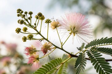 Fototapeta premium Delicate mimosa blossoms, bokeh-edged, on a white backdrop, sharp focus throughout.