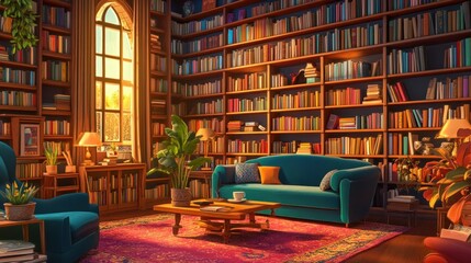 Interior of a cozy house library featuring a selection of books on shelves and a peaceful spot to read