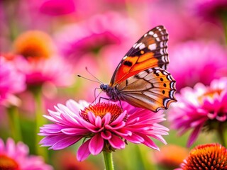 Fototapeta premium Delicate pink blossoms attract a vibrant butterfly.
