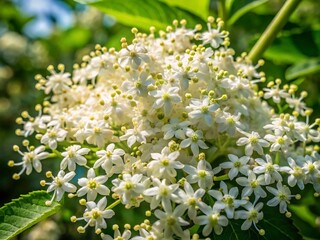 Delicate white elderflower blooms grace the Sambucus bush.