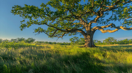 Fototapeta premium A large, old oak tree stands in a field of tall grass, bathed in the golden light of the setting sun.