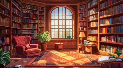 Interior of a cozy house library featuring a selection of books on shelves and a peaceful spot to read